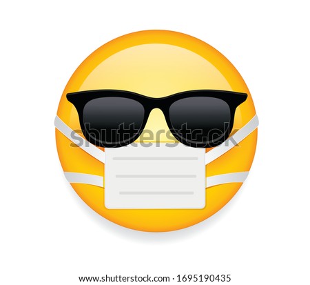 High quality emoticon on white background. Emoji with sunglass and mask. Yellow sick emoji wearing sunglasses and medical mask to protect from virus vector. Mask emoticon. Sunglasses emoji.