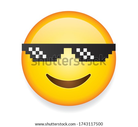 High quality emoticon on white background. Thug Life emoticon. Glasses emoji face, pixel art, design. Emoticon with sunglasses vector illustration. Thug life emoji. Foto d'archivio © 