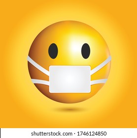 High quality emoticon on yellow gradient background. Emoticon with medical mask.Mask emoji vector illustration. Popular chat elements.Medical mask emoticon.