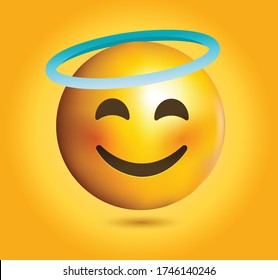 High quality emoticon on yellow gradient background vector.Emoji Smiling Face With Halo. A yellow face smiling, closed eyes, and blue halo.Popular chat elements. Trending emoticon.