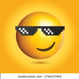 High quality emoticon on yellow gradient background.Thug Life emoticon.glasses emoji face, pixel art, design.Emoticon with sunglasses vector illustration.Thug life emoji.