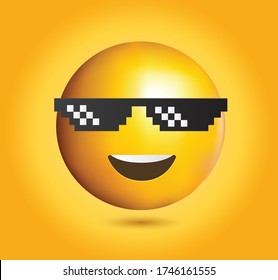 High quality emoticon on yellow gradient background.Thug Life emoticon.glasses emoji face, pixel art, design.Emoticon with sunglasses vector illustration.Thug life emoji.