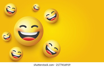 High Quality Emoticon On Yellow Gradient Background. Laughing Emoji Banner. Yellow Face Emoji Vector Illustration. Popular Chat Elements. Trending Emoticon.