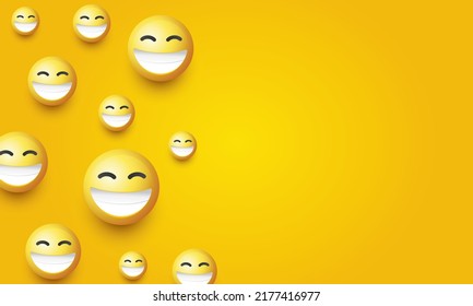 High quality emoticon on yellow gradient background. Laughing emoji banner. Yellow face emoji vector illustration. Popular chat elements. Trending emoticon.
