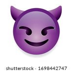 High quality emoticon smiling with horns, devil emoji isolated on white background.
Purple face devil emoji. Popular chat elements. Trending emoticon.