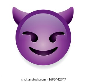 High quality emoticon smiling with horns, devil emoji isolated on white background.
Purple face devil emoji. Popular chat elements. Trending emoticon.