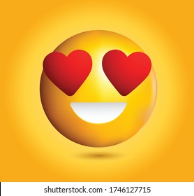 High quality emoticon smiling, 
love emoji isolated on yellow gradient background.
Yellow face emoji with red heart eyes and smile vector illustration.
Popular chat elements. Trending emoticon.