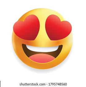 High quality emoticon smiling, love emoji isolated on white background.
Yellow face emoji with red heart eyes and smile vector illustration.
Popular chat elements. Heart emoticon.