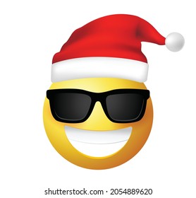 High quality emoticon with sunglasses. Santa Claus Emoji vector. Smiling Face with Sunglasses vector. Yellow face with broad smile wearing black sunglasses. Sunglasses emoji.