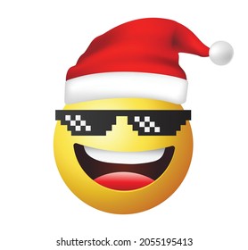 High quality emoticon with sunglasses. Santa Claus Emoji vector. Smiling Face with Sunglasses vector. Yellow face with broad smile wearing black sunglasses. Sunglasses emoji.