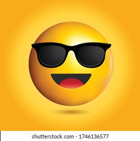 High quality emoticon with sunglasses.Emoji vector.
Cool smiling Face with Sunglasses vector illustration.
A yellow face with a broad smile wearing black sunglasses.