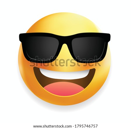 High quality emoticon with sunglasses.Emoji vector.
Cool smiling Face with Sunglasses vector illustration.Yellow face with broad smile wearing black sunglasses.Sunglasses emoji.