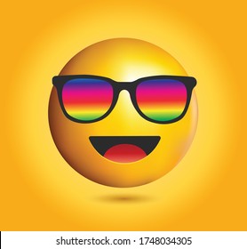 High quality emoticon with sunglasses.Emoji vector.Cool smiling Face with rainbow Sunglasses vector illustration.Yellow face with a broad smile wearing colorful sunglasses.