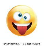 High quality emoticon vector on yellow gradient background. Happy emoji with eyes.Yellow face with crazy eyes.Tongue emoji.Popular chat elements.Silly emoticon.