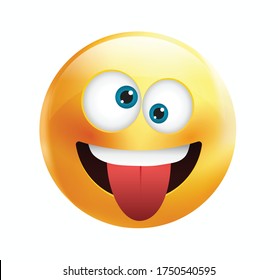 High quality emoticon vector on yellow gradient background. Happy emoji with eyes.Yellow face with crazy eyes.Tongue emoji.Popular chat elements.Silly emoticon.