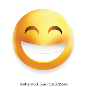 High quality emoticon vector on white background. Emoji blushing with closed eyes.
Yellow face blushing and smiling emoji. Popular chat elements. Trending emoticon.