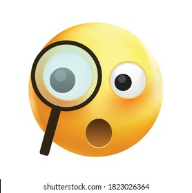 High quality emoticon vector on yellow gradient background. Skeptical emoji with eyes.
Yellow face thinking emoji. Wondering emoji. Smart emoticon. Magnifying glass emoji.