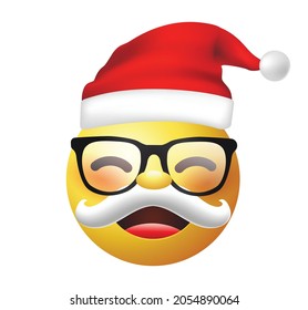 High quality emoticon vector on white background. Santa Claus emoji. Yellow face smiling emoji. Trending emoticon. Xmas emoticon.