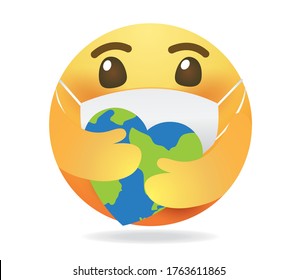 High quality emoticon.Care emoji with earth.we are together emoticon on social media isolated vector on white background. Mask emoji.Popular emoticon chat element.Medical mask emoticon.