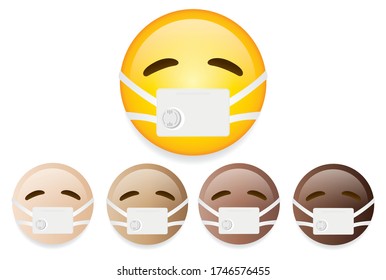 High Quality Emoticons On White Background. Emoticon With Medical Mask.Mask Emoji Vector Illustration. Emoticons Set.Different Skin Tones/color Emoji.Medical Mask Emoticon.