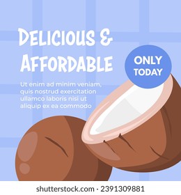 High quality, environmentally friendly coconuts for gourmets. Exotic taste of tropics, only today affordable price. Organic product. Promotional banner, advertisement poster. Vector in flat style