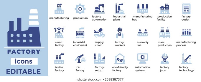 High quality factory vector icons for industrial, manufacturing, and production designs. Fully editable and scalable