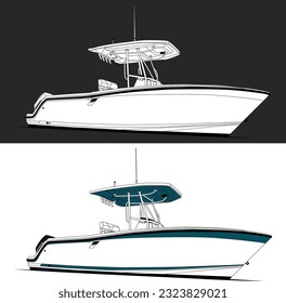 High quality  fishing boat vector line art, white, black, color illustration t-shirt or  printable on various materials vector design