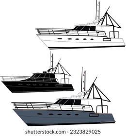 High quality  fishing boat vector line art, white, black, color illustration t-shirt or  printable on various materials vector design