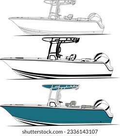 High quality fishing boat vector line art illustration t-shirt for and printable on various materials.