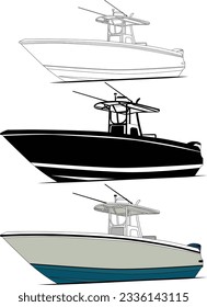 High quality fishing boat vector line art illustration t-shirt for and printable on various materials.