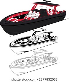 High quality fishing boat vector line art, white, black, color illustration t-shirt or printable on various materials vector design