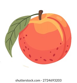 Ilustração plana de alta qualidade de um pêssego laranja fresco e maduro com uma única folha verde em um fundo branco plano.