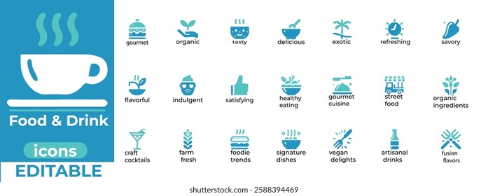 High quality food and drink vector icon set perfect for menus, branding, and web Scalable, modern, and ready to use
