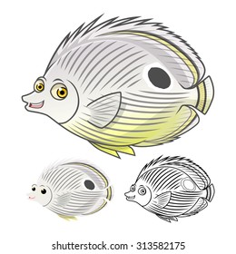 High Quality Four Eye Butterfly Fish Cartoon Character Include Flat Design and Line Art Version