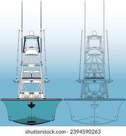 High quality front view fishing boat vector art illustration and line art Which printable on various materials