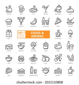 High Quality Full Vector Thin Line Icon Set - Drinks, Food, Cake