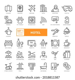 Juego de iconos de alta calidad vectores de línea delgada - Hotel, Inn, Vacaciones, Turismo