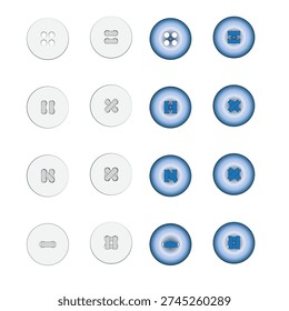 High quality garment buttons vector illustration set featuring various sewing buttons used in fashion and apparel design. Includes round, four-hole, two-hole, metal, plastic, and decorative clothing buttons. Perfect for tailoring, textile design, fashion branding, garment production, sewing projects, and clothing mockups. Fully editable vector file suitable for print and digital use.