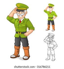 High Quality General Army Cartoon Character with Salute Hand Pose Include Flat Design and Outlined Version Vector Illustration