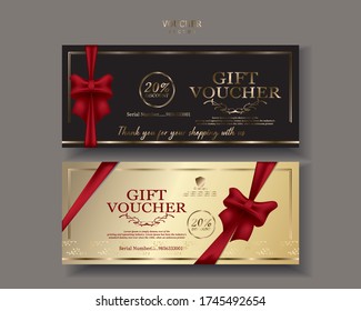 High Quality Gift Vouchers. Made And Gold Colored Card. Elegant Red Bow Decoration. Spa. Mall. Hotel. Sales Promotion. Illustration/vector