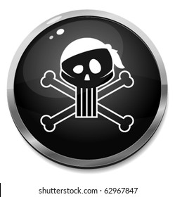 High quality glossy black button with highlights and with white skeleton, bones and pirate bandage.