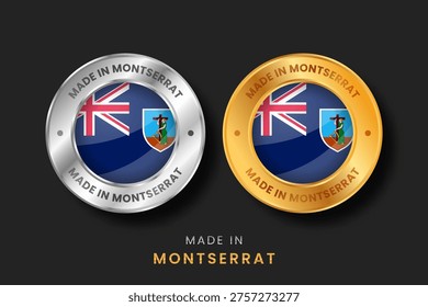 High quality gold and silver metallic seals with the Montserrat flag. Premium Made in Montserrat emblems for local products, export trade, and manufacturing origin certification.