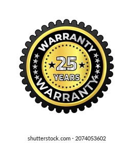 High quality golden 25 year warranty badge, sign, seal, label, stamp with ribbon.