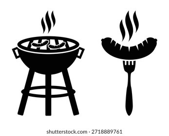 Ilustración de ícono de parrilla y salchicha de alta calidad con un Vector de parrilla de barbacoa. Diseño limpio, moderno y plano aislado sobre fondo blanco, perfecto para comida, restaurante, barbacoa y proyectos relacionados con la cocina.