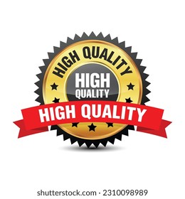 High quality guarantee badge with red ribbon on top isolated on white background. Vector illustration.