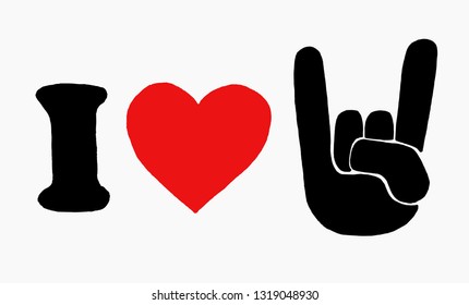 High quality hand drawn vector illustration representing the "I love rock and roll" concept isolated on white background