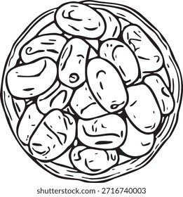 Ilustración vectorial dibujada a mano de alta calidad de deliciosos dátiles en un tazón redondo. Este detallado boceto artístico captura la esencia de los refrigerios tradicionales de Oriente Medio, comúnmente utilizados para romper el ayuno durante las celebraciones de Ramadán, Kareem y Eid. Perfecto para conceptos de comida saludable, saludos de vacaciones islámicas, menús Iftar y la marca del mercado de frutas orgánicas. El contorno limpio en blanco y negro lo hace ideal para colorear libros, carteles minimalistas y proyectos de Diseño gráfico cultural.