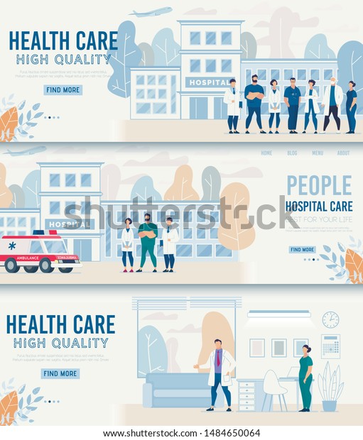 High Quality Healthcare Header Flat Banner\
Set. Cartoon Medical Staff Team People Characters. Clinic Building\
Exterior Cityscape Architecture. Ambulance Car for First Aid.\
Vector Illustration