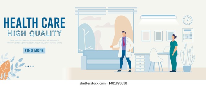 High Quality Healthcare Information Flat Banner. Cartoon Medical Team Characters. Practitioner and Nurse in Uniform. Modern Comfortable Doctor Office. Hospital Interior. Vector Illustration