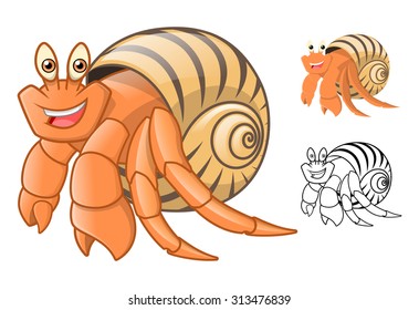 High Quality Hermit Crab Cartoon Character Include Flat Design   Line Art Version
